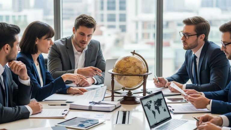 Business professionals discussing cross-border contract enforcement in a modern office with legal documents and globe