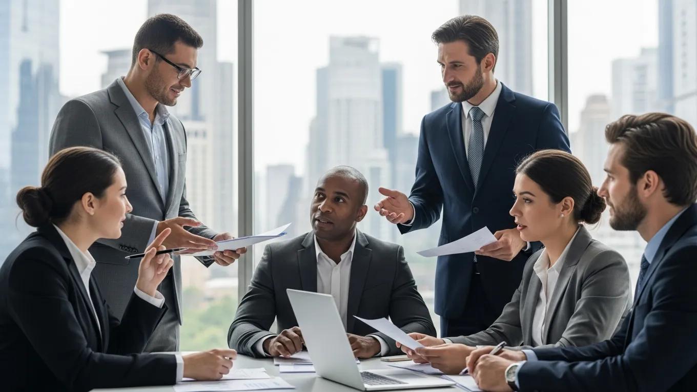 Business professionals discussing cross-border tax strategies in a modern office setting