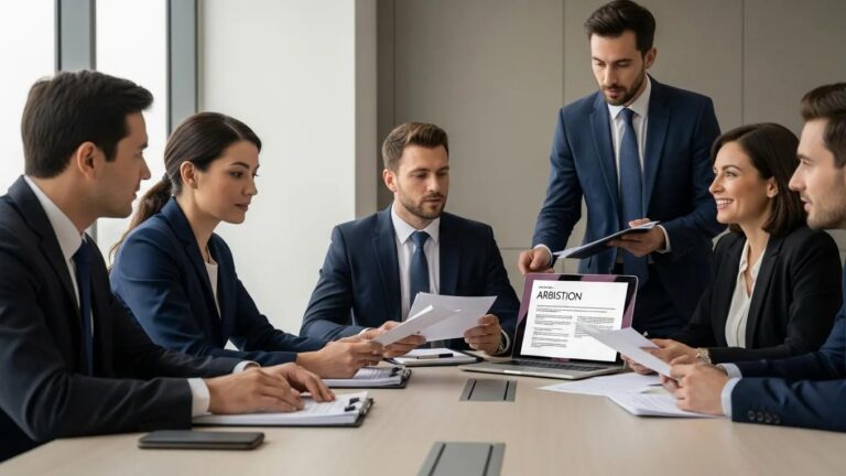 Business professionals discussing investment arbitration in a modern conference room