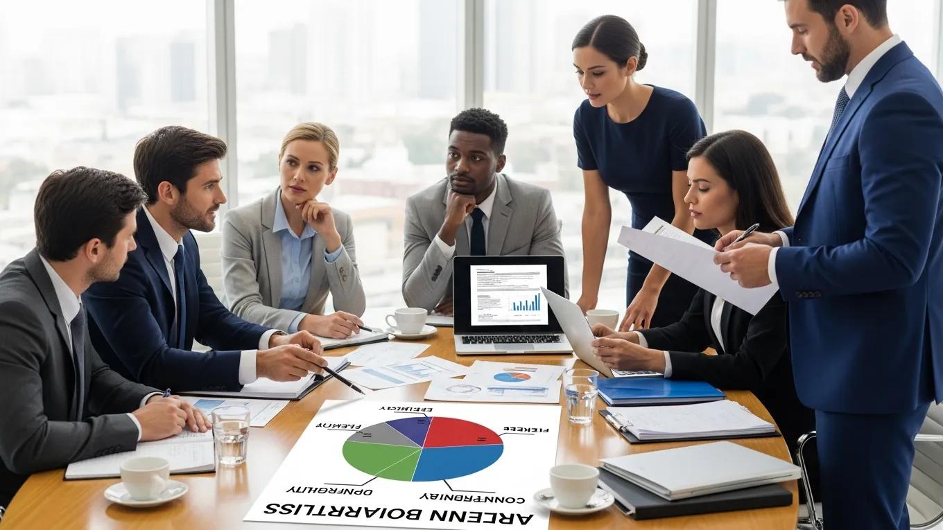 Business professionals discussing the advantages of arbitration in a bright office setting