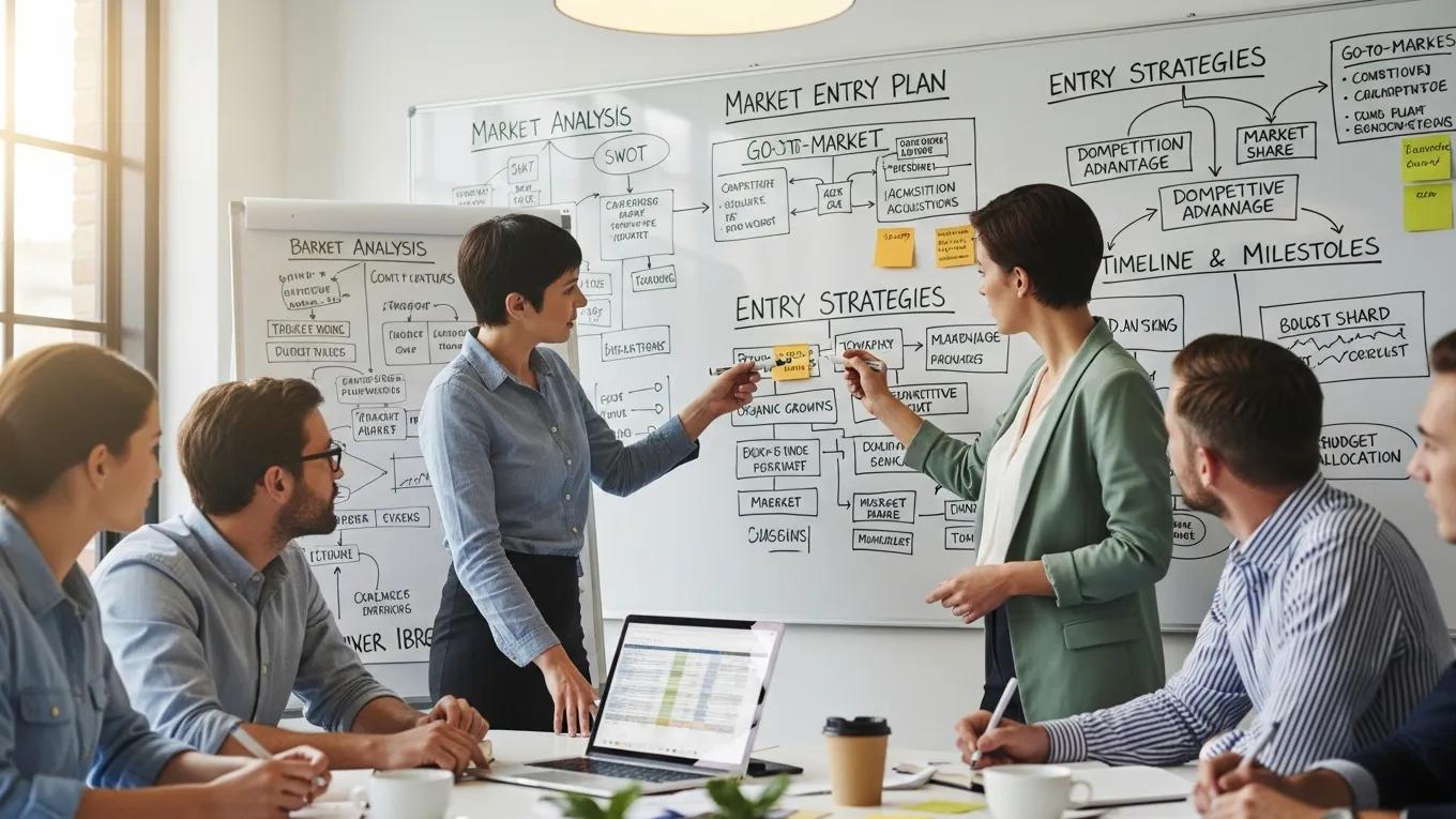 Business team brainstorming market entry plan on a whiteboard