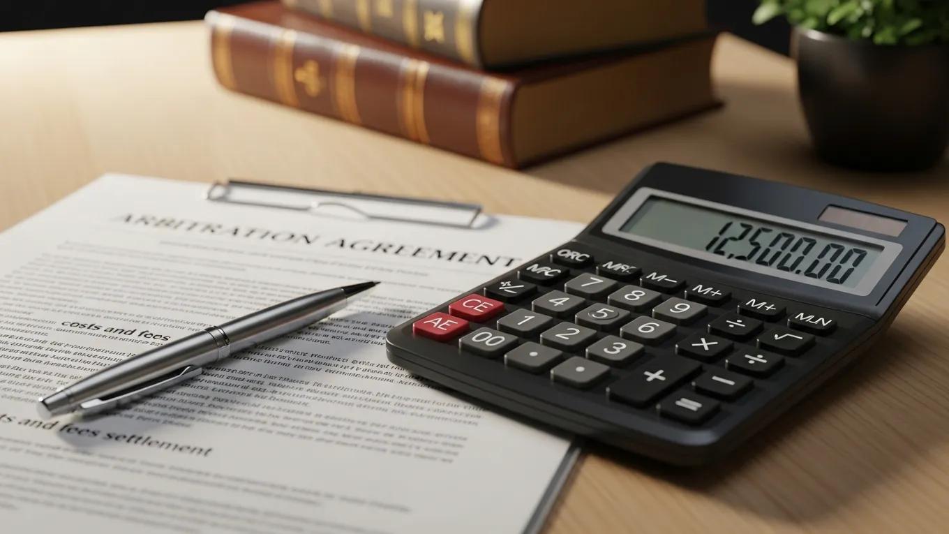 Calculator and legal documents representing arbitration costs