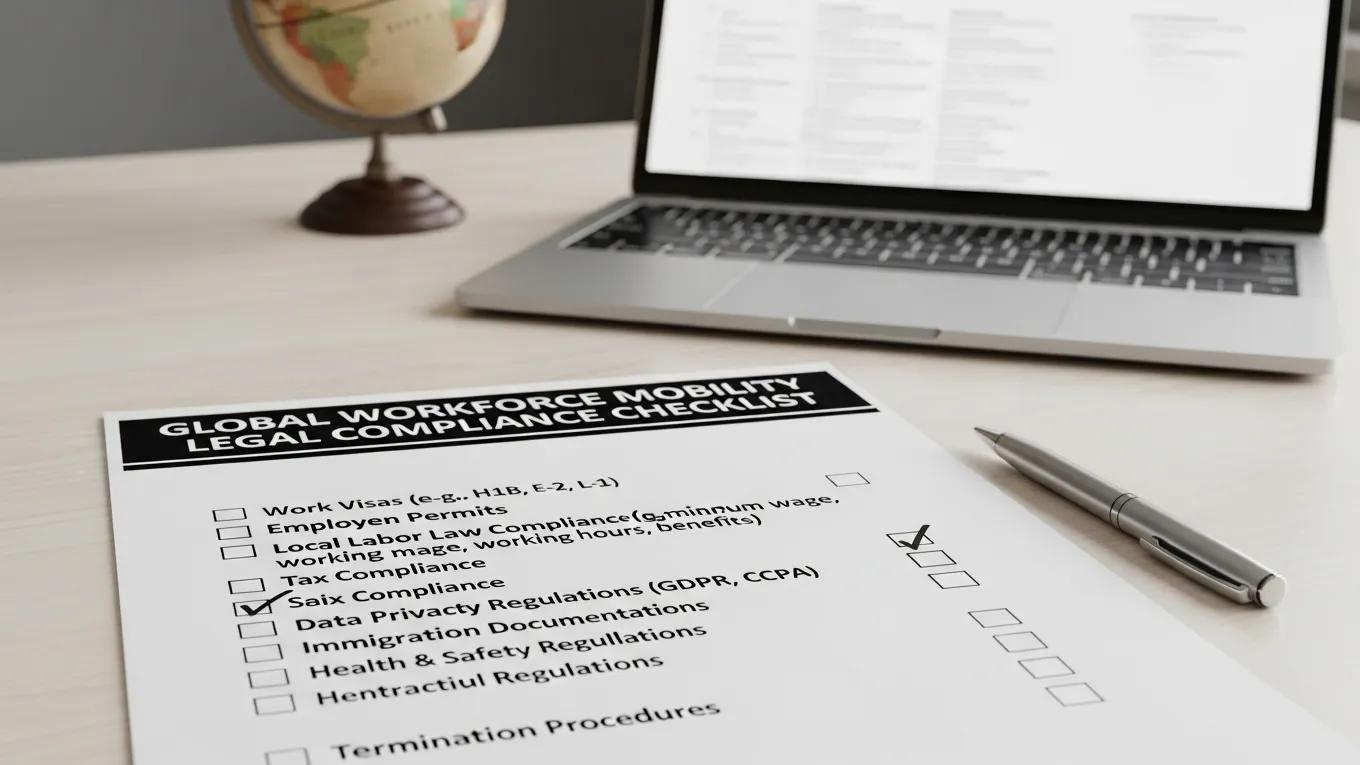 Close-up of a legal compliance checklist for international employee relocation on a desk