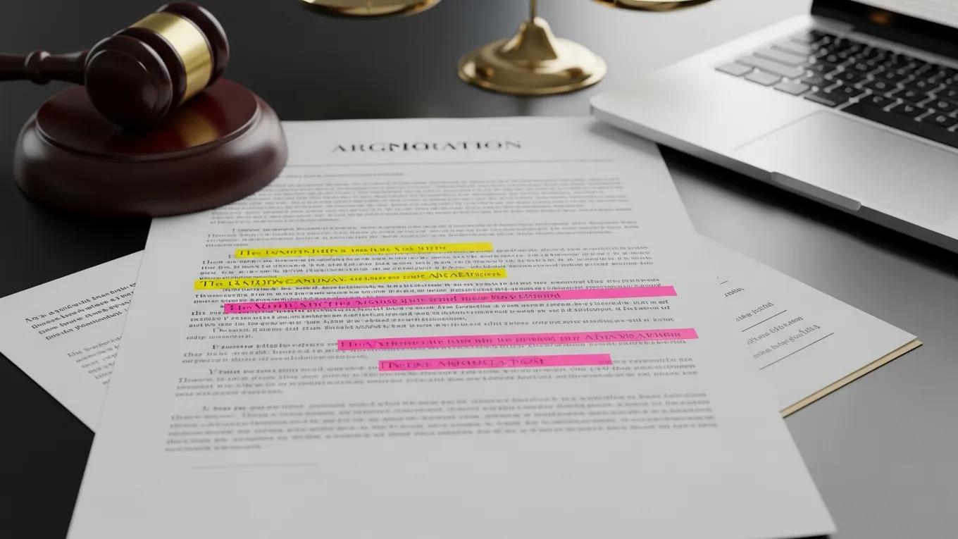 Close-up of a legal document with highlighted sections, gavel, and laptop emphasizing legal documentation