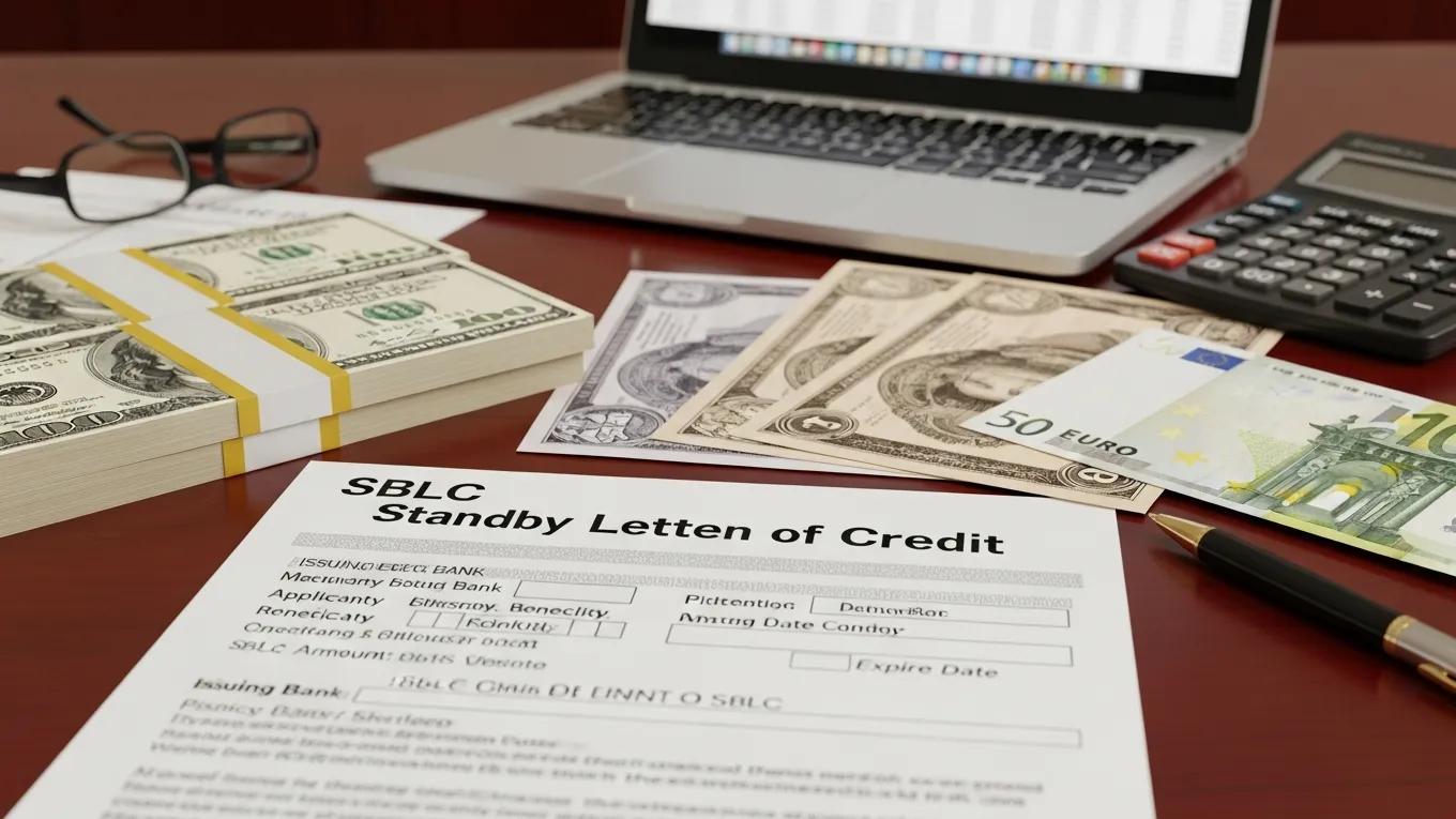 Close-up of a standby letter of credit document with financial instruments, including stacks of U.S. dollars and euros, in a professional office setting, illustrating investment protection mechanisms.