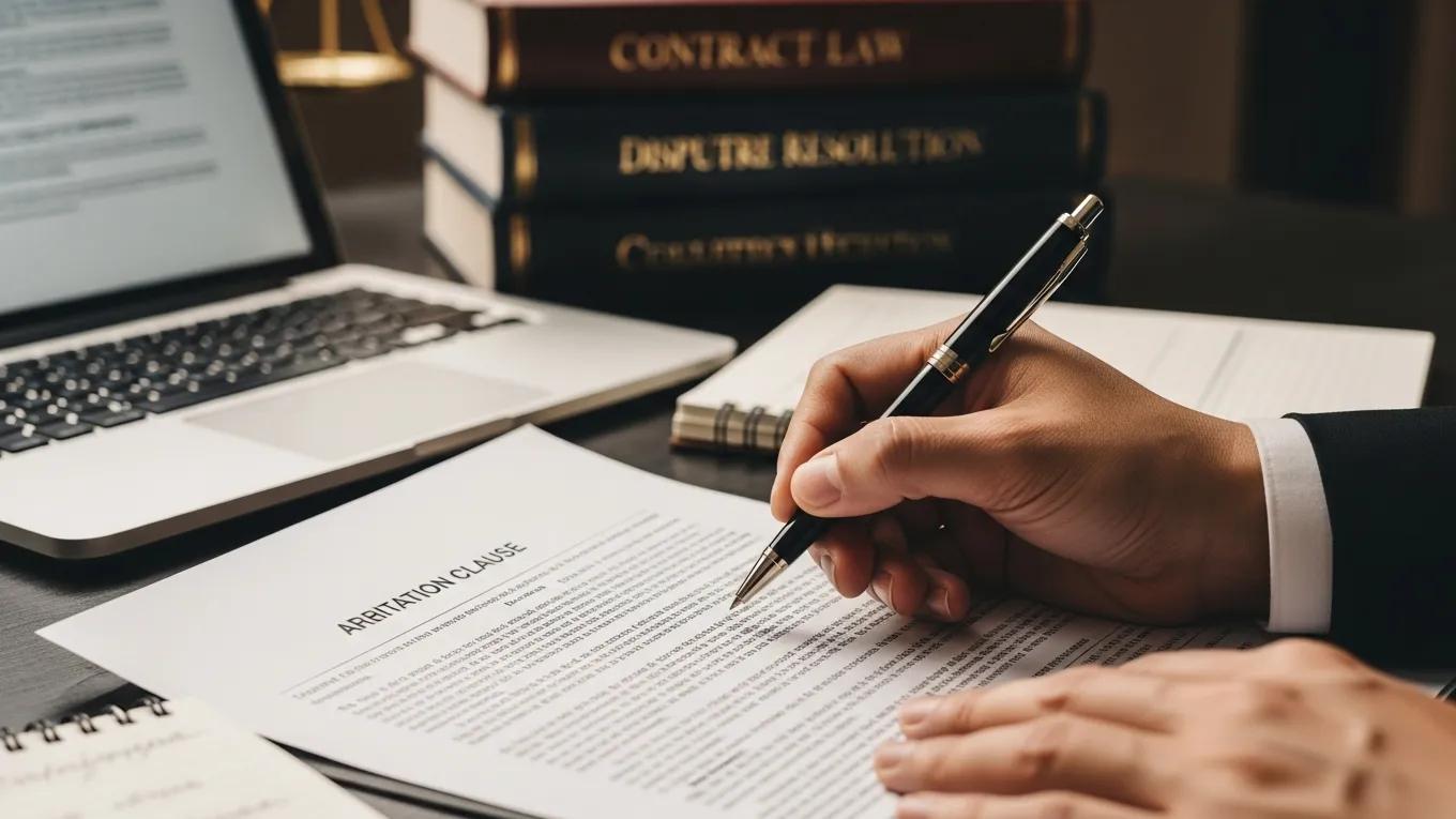 Close-up of hands drafting an arbitration clause on a legal document with legal books in the background