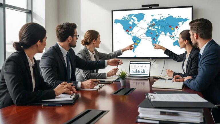 Corporate professionals discussing cross-border M&A legal frameworks with a world map in the background