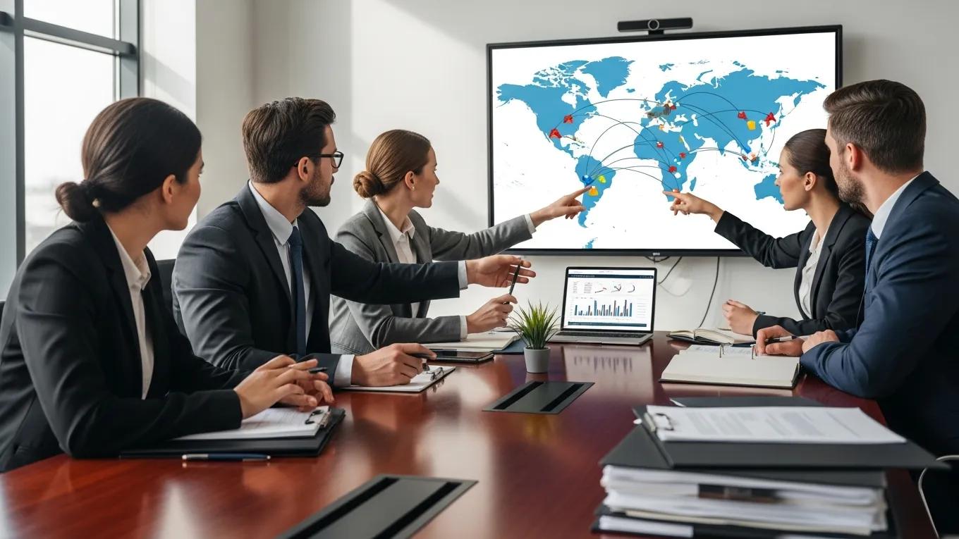 Corporate professionals discussing cross-border M&A legal frameworks with a world map in the background