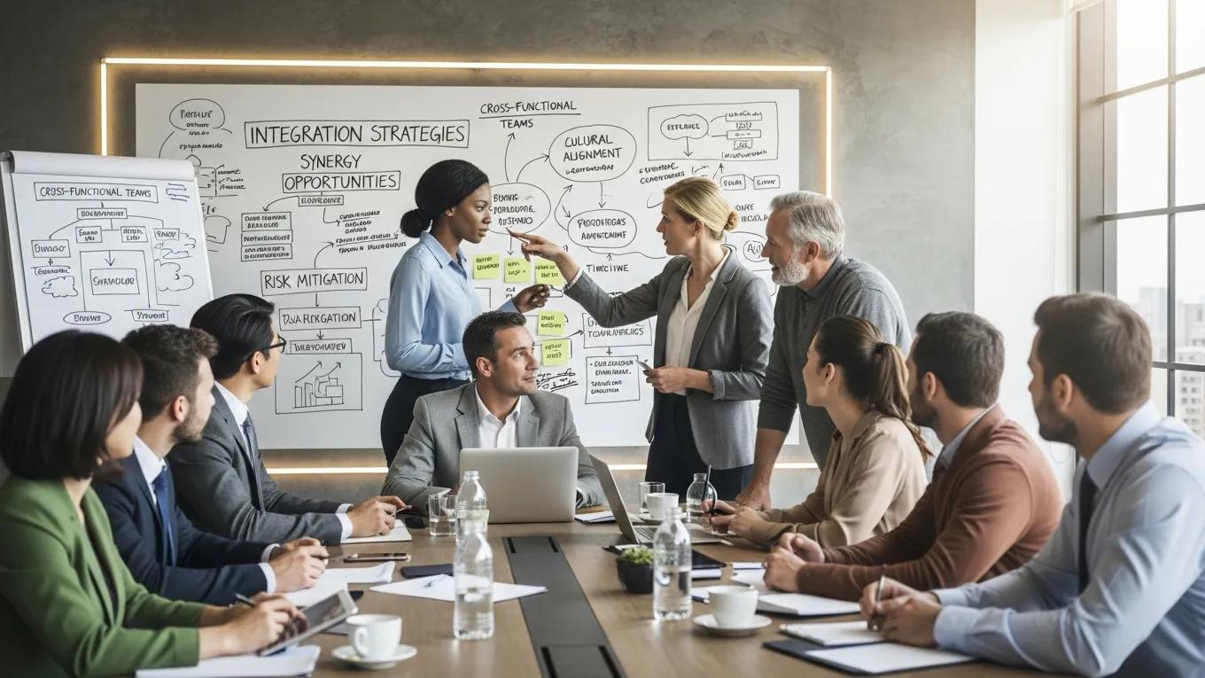 Corporate team discussing legal issues during post-merger integration in cross-border deals