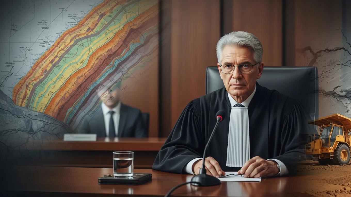 Courtroom scene depicting a mining arbitration case in progress