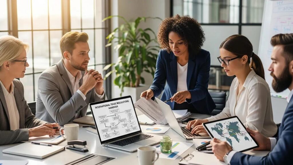 Business team working on resolving international trade disputes