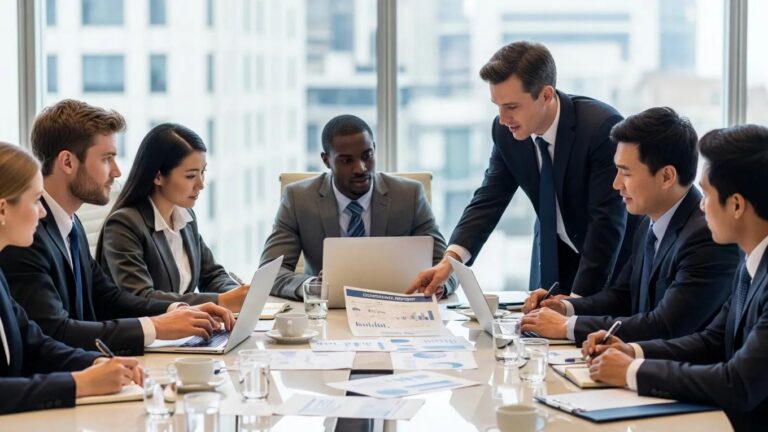 Diverse business professionals discussing corporate governance in a modern conference room