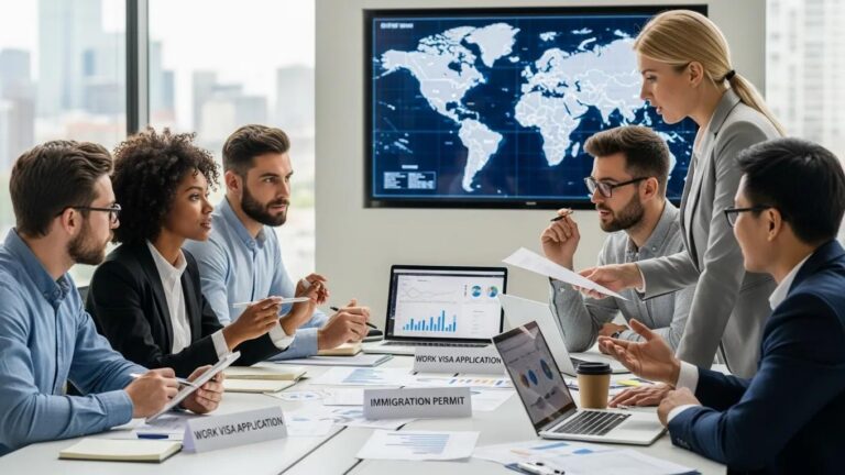 Diverse employees collaborating on international relocation strategies in a modern office