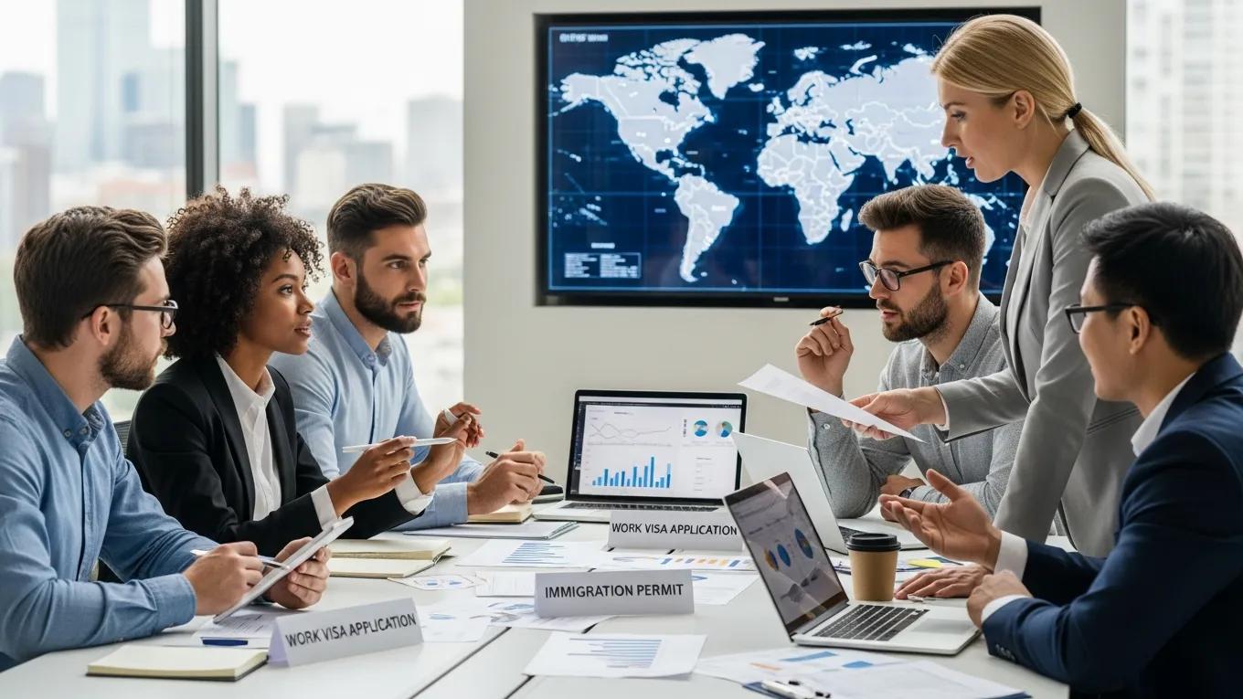 Diverse employees collaborating on international relocation strategies in a modern office