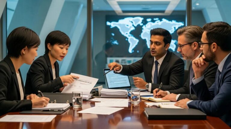 Diverse group of foreign investors discussing ICSID arbitration in a modern office setting
