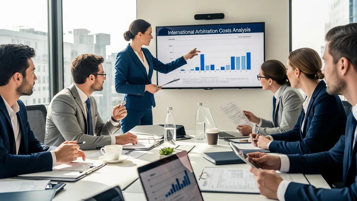 Diverse legal professionals collaborating on international arbitration costs in a modern office