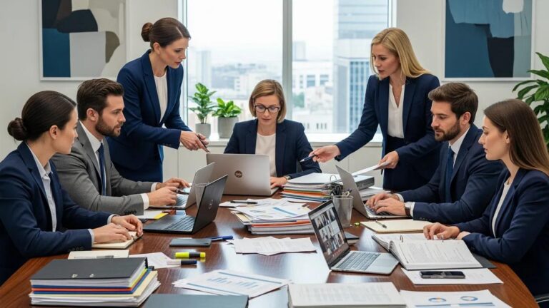 Diverse legal professionals discussing international arbitration with documents and digital devices