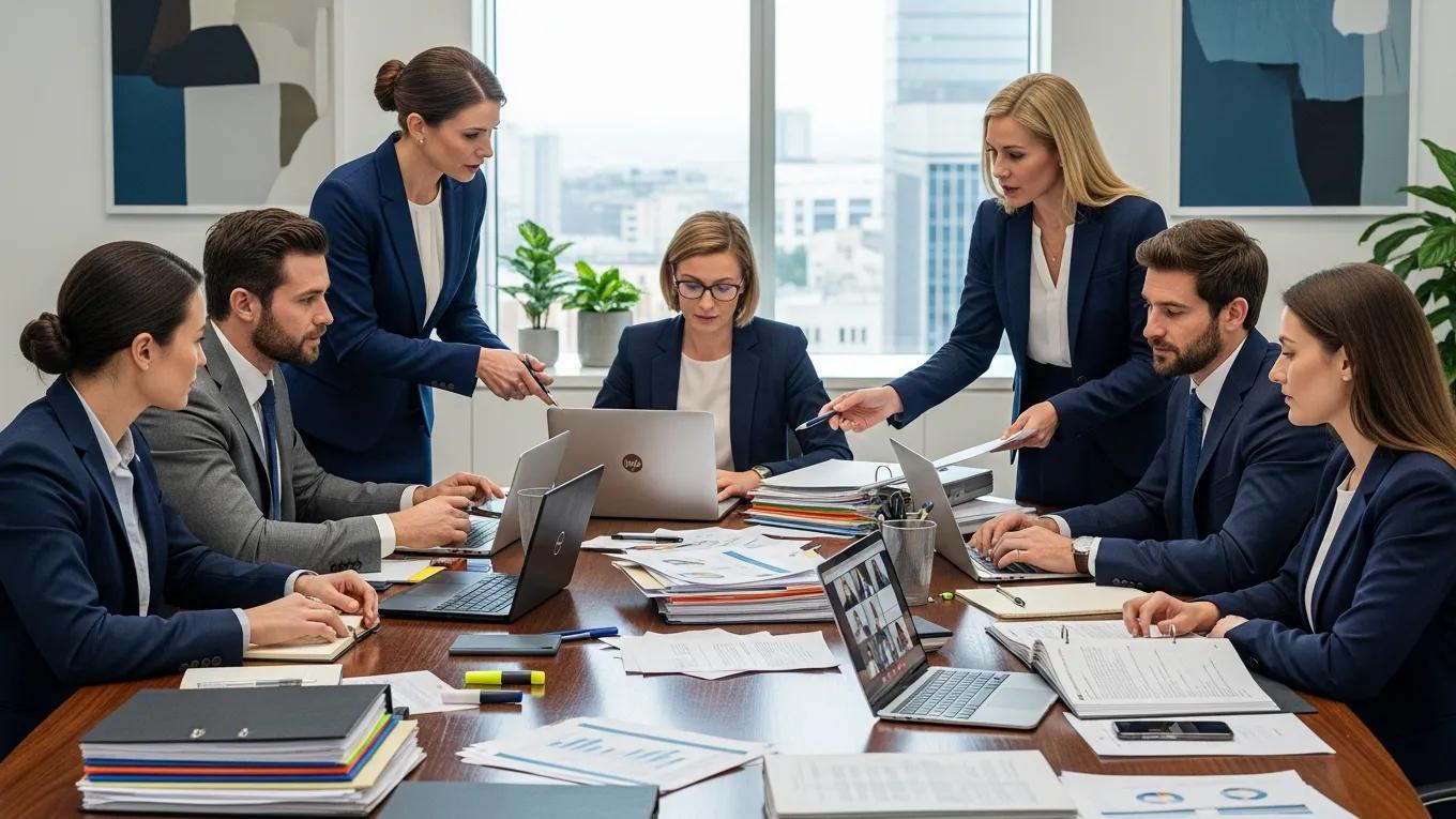 Diverse legal professionals discussing international arbitration with documents and digital devices