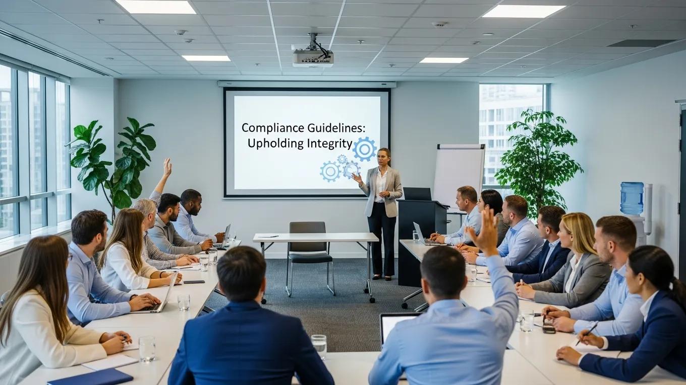 Employees participating in a compliance training session with a speaker and presentation