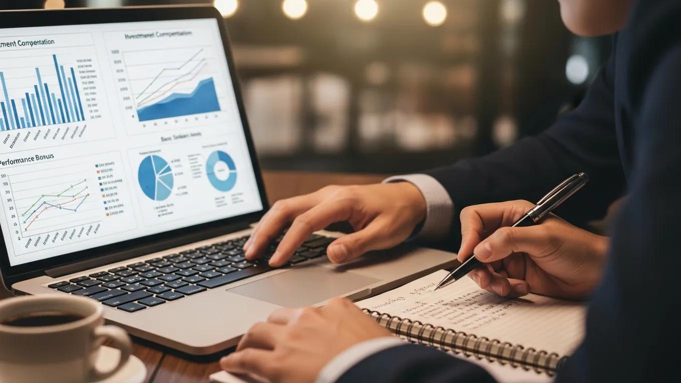 Financial analyst reviewing compensation methods with charts and a laptop