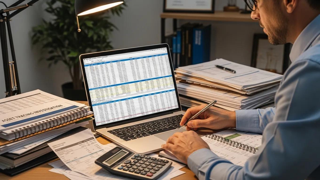 Forensic accountant analyzing financial records for asset tracing in a professional office