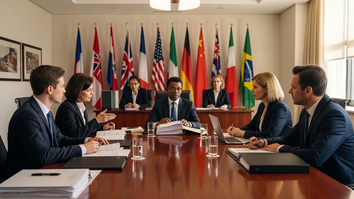Formal arbitration setting with diverse panel and legal representatives in dispute resolution