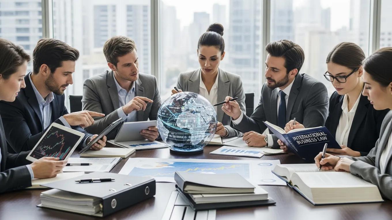 Global investment landscape with professionals analyzing legal documents and maps