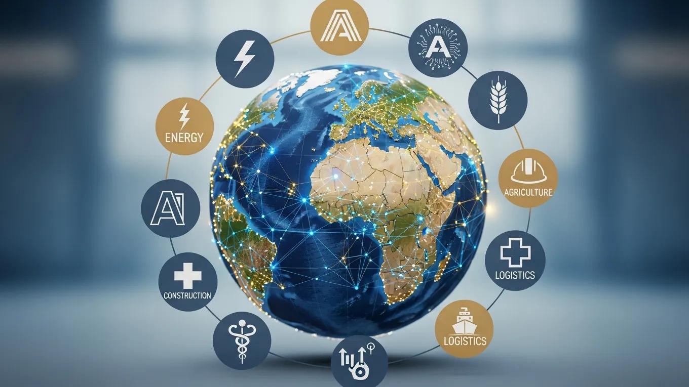 Globe highlighting countries with bilateral investment treaties and icons of various industries