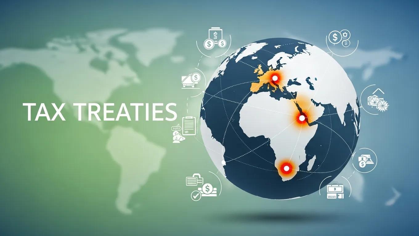 Globe illustrating tax treaties with highlighted countries and income icons