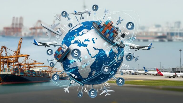 Globe surrounded by international trade symbols representing global commerce