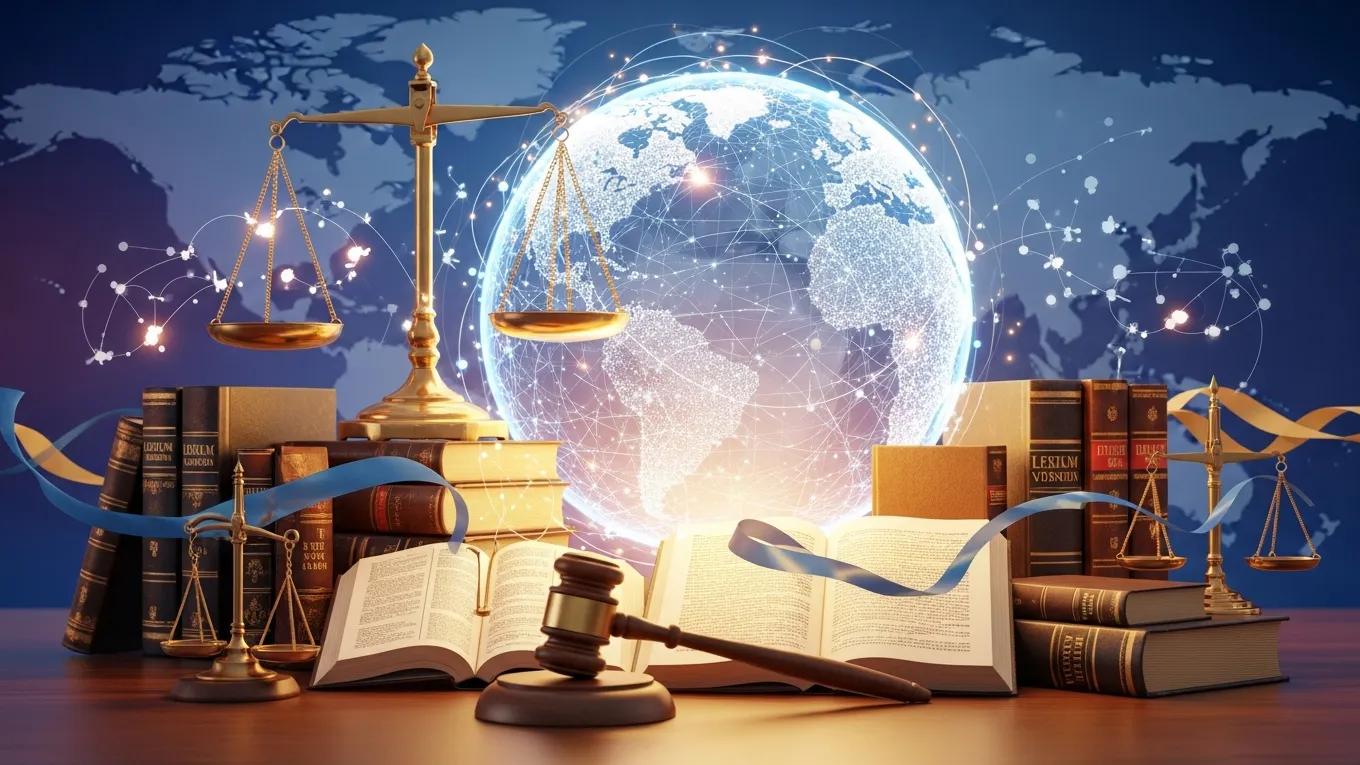 Globe surrounded by legal symbols representing global legal frameworks for foreign judgments