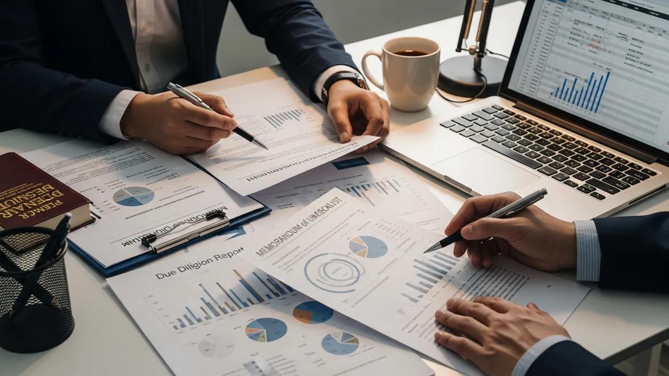 Hands reviewing legal documents and financial reports for due diligence in cross-border M&A