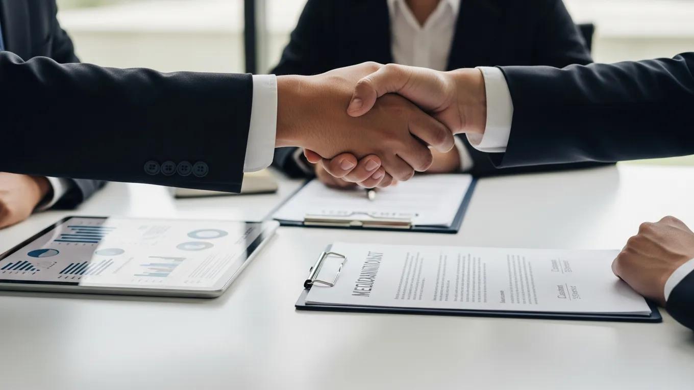 Hands shaking above a mediation agreement, symbolizing cost-effective resolution