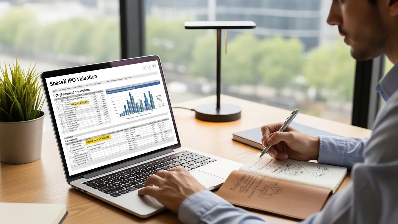 Individual analyzing financial data related to SpaceX IPO valuation methodologies