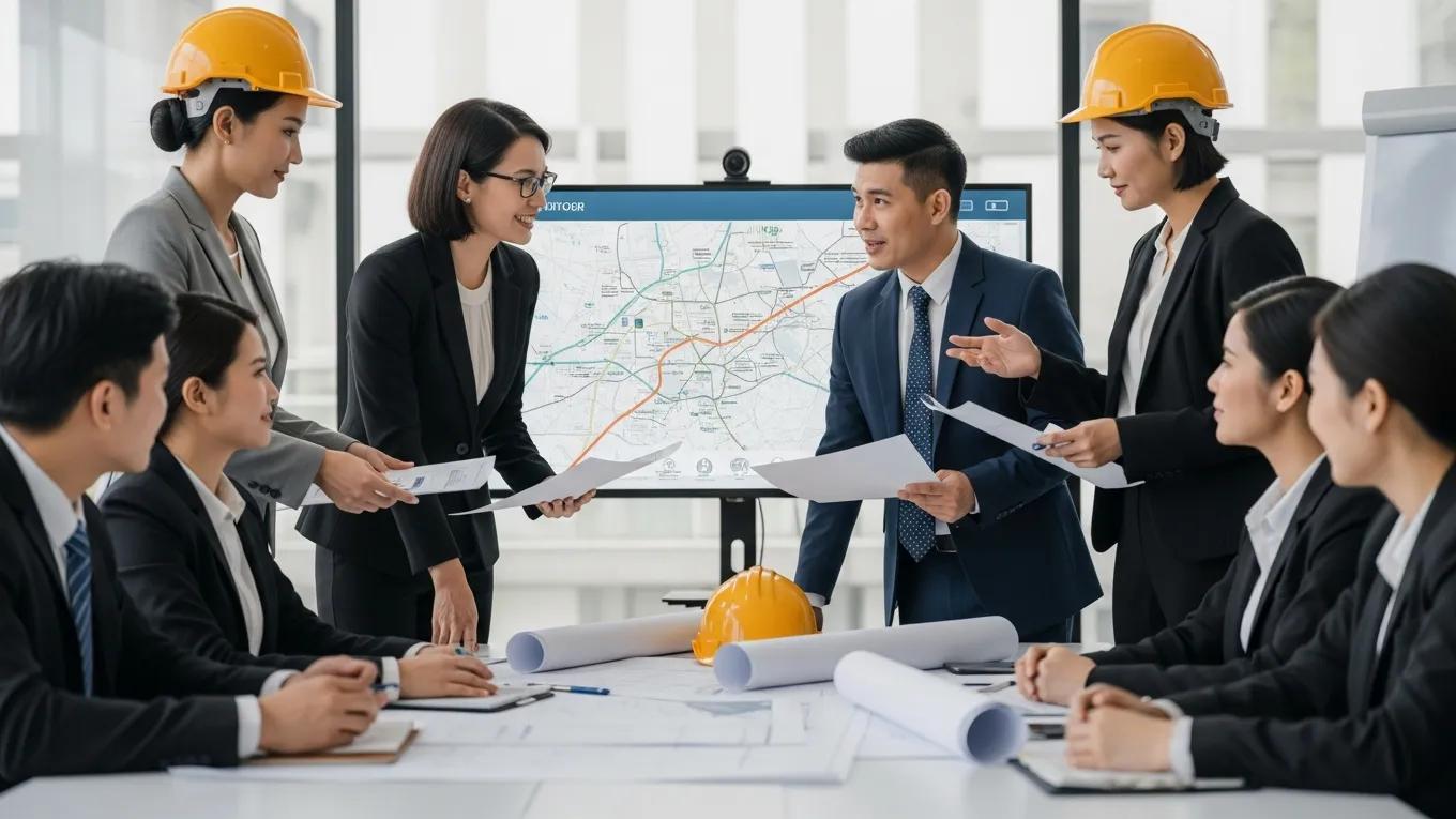 Infrastructure investors and government contractors collaborating on PPP contracts in a modern conference room