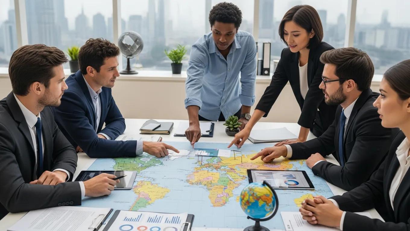 International business professionals discussing nationalization and foreign investments over a world map