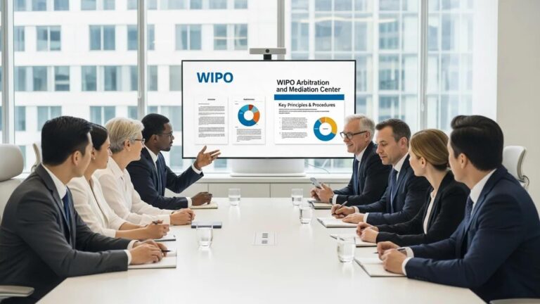 International business professionals discussing WIPO arbitration in a modern conference room