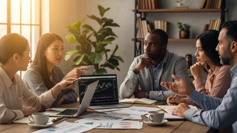 Investors discussing the SpaceX IPO in a cozy setting with laptops and coffee