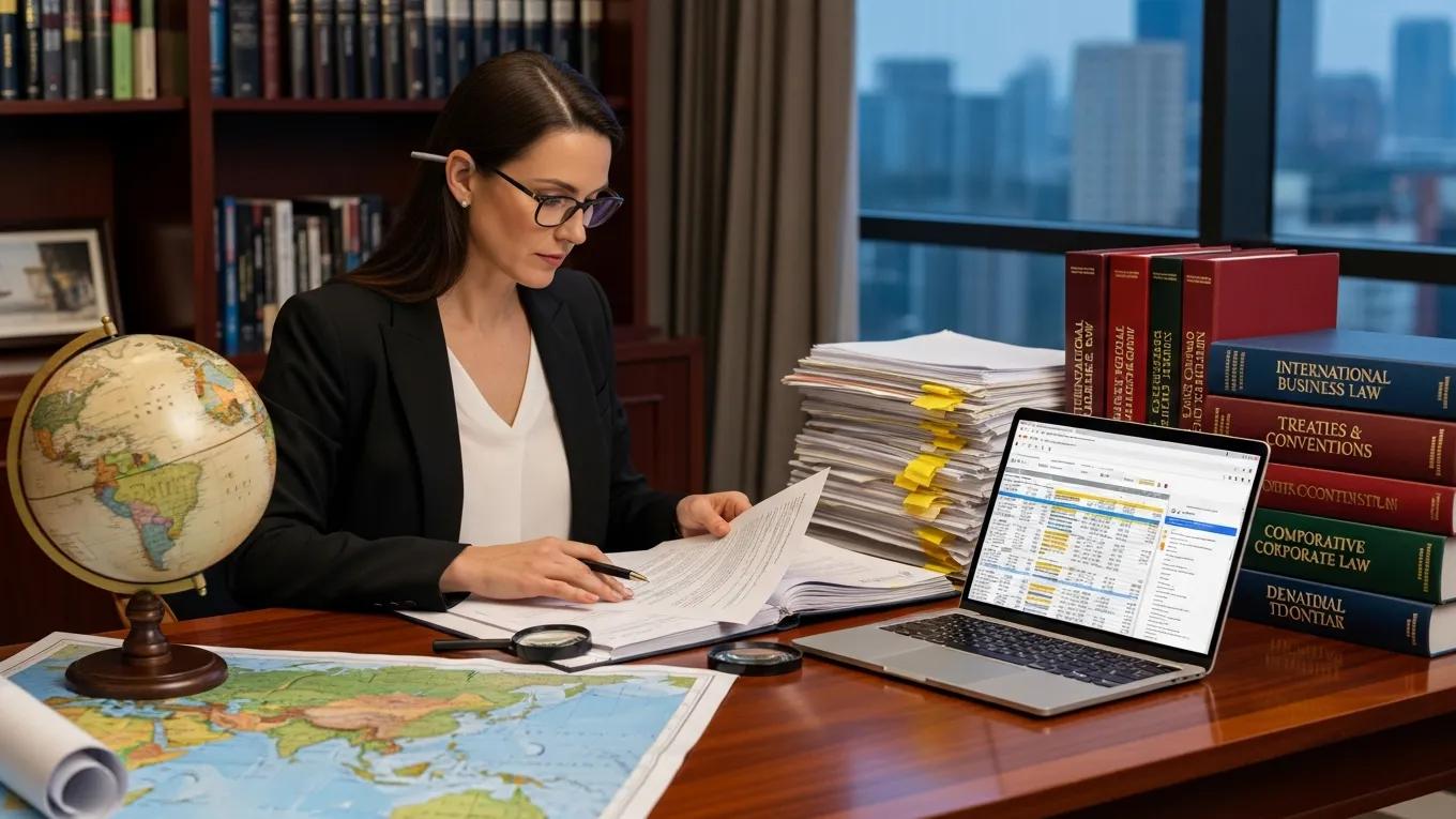 Legal expert conducting due diligence for cross-border investments with documents and maps