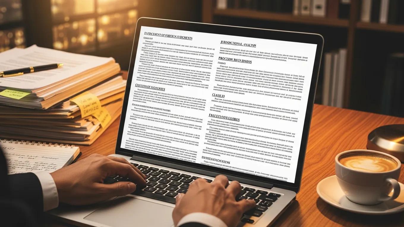 Legal professional reviewing documents on a laptop, illustrating practical procedures for enforcing foreign judgments
