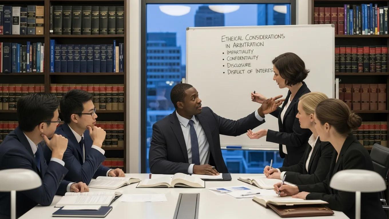 Legal professionals discussing ethical considerations in arbitration