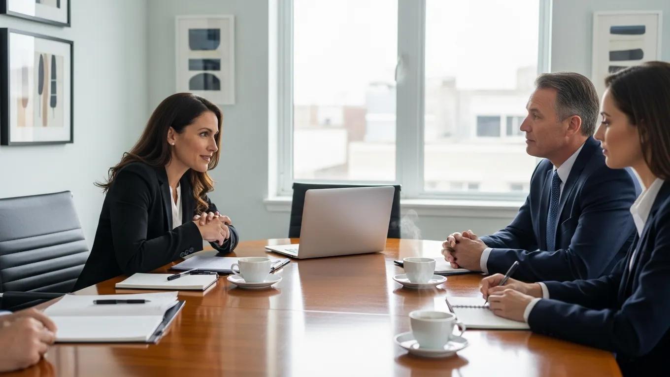 Mediator facilitating a commercial mediation session between business representatives