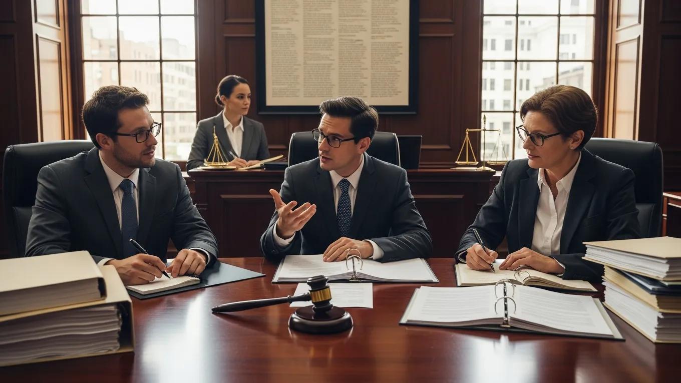 Panel of arbitrators discussing the arbitration process in a formal setting