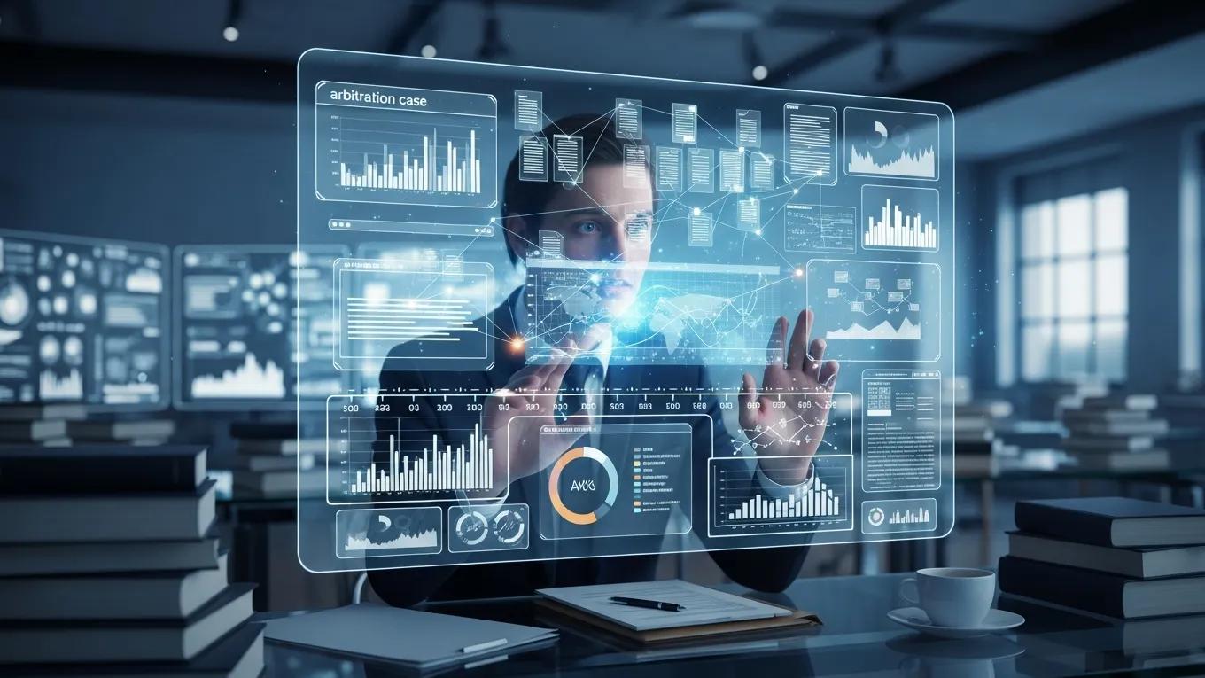 Person analyzing a complex digital interface with data points and documents representing digital evidence challenges