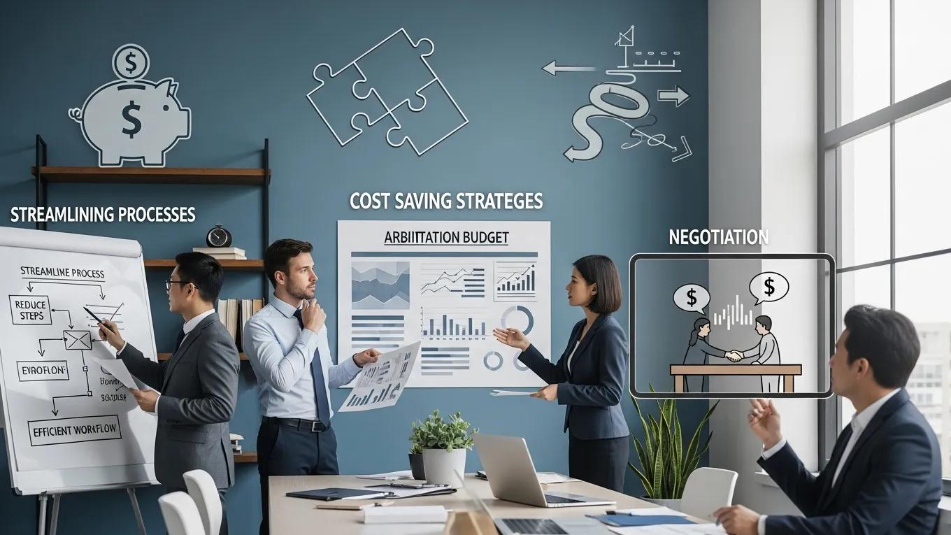 Professional discussing cost-saving strategies for arbitration expenses, including budgeting and negotiation