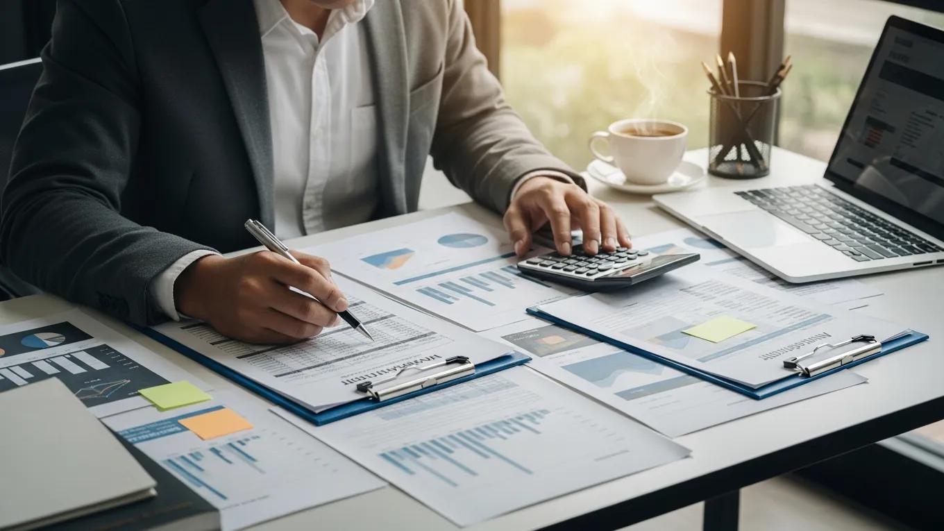 Professional working on a valuation report with financial documents and a calculator