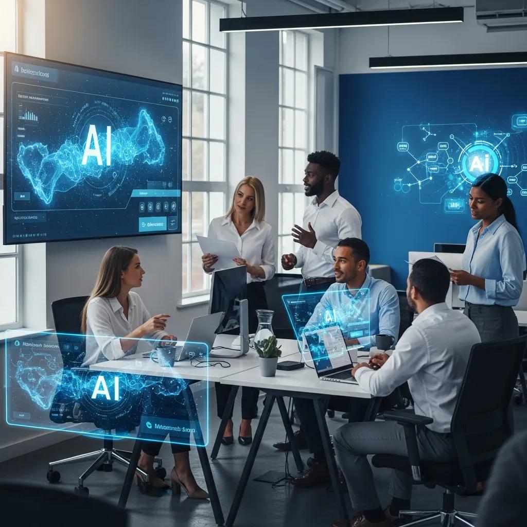 Professionals discussing AI compliance in a modern office, reflecting the impact of recent legal orders