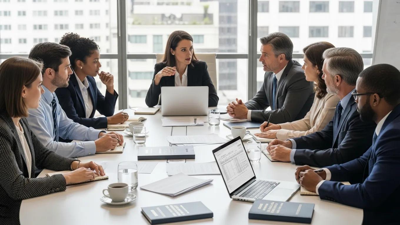 Professionals discussing ISDS arbitration steps in a collaborative meeting