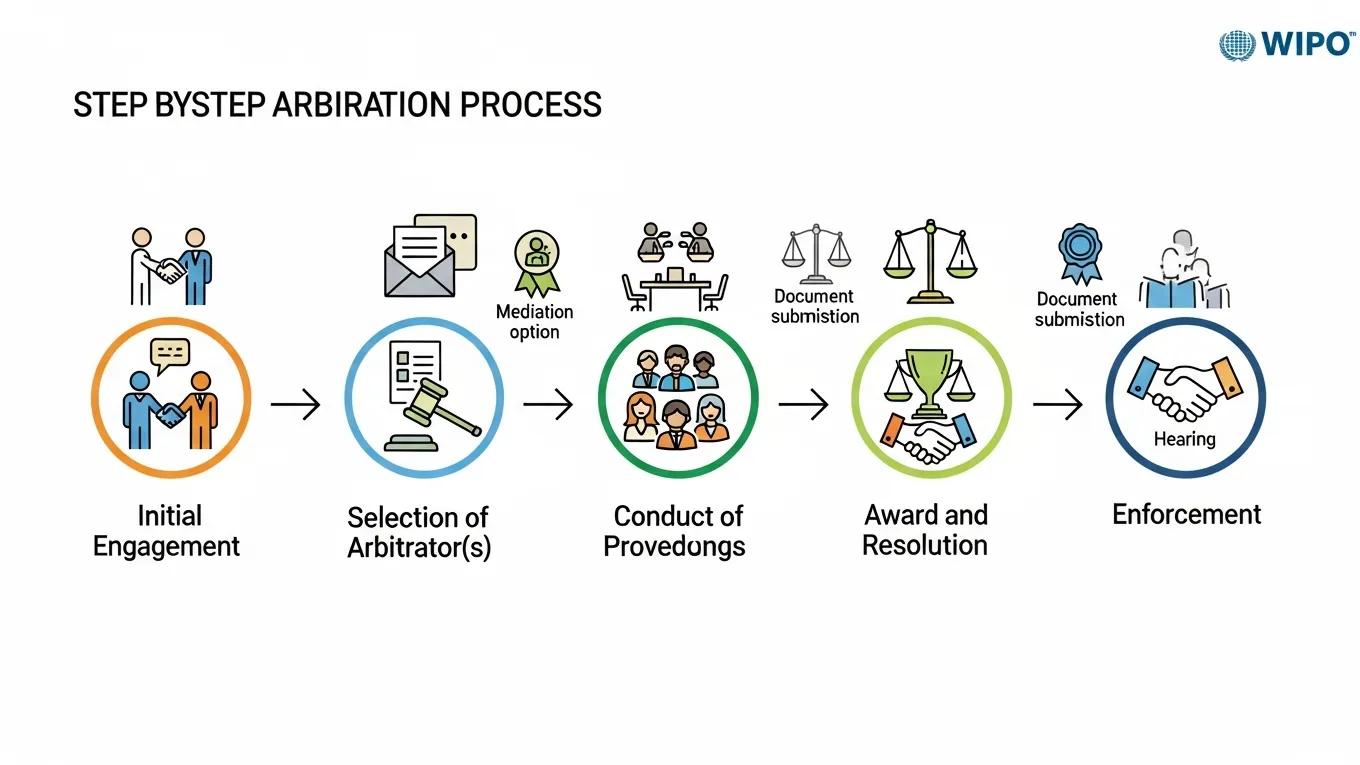 Step-by-step illustration of the WIPO arbitration process for international dispute resolution