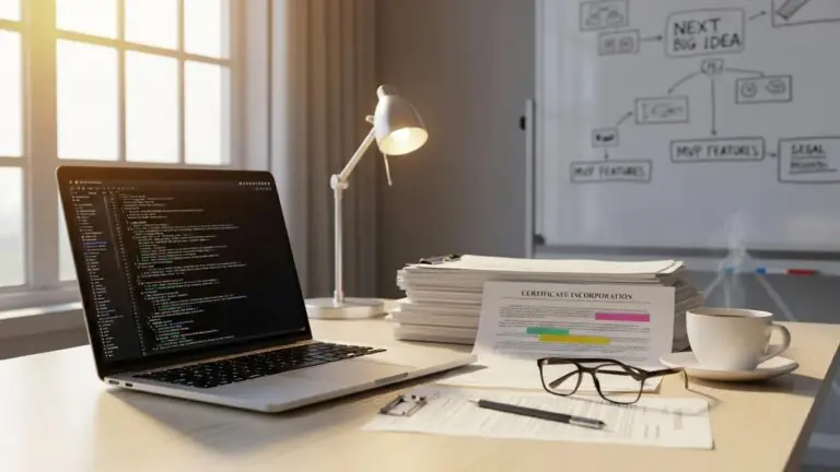 Tech startup workspace with a laptop, legal documents, and coffee cup reflecting startup ambition